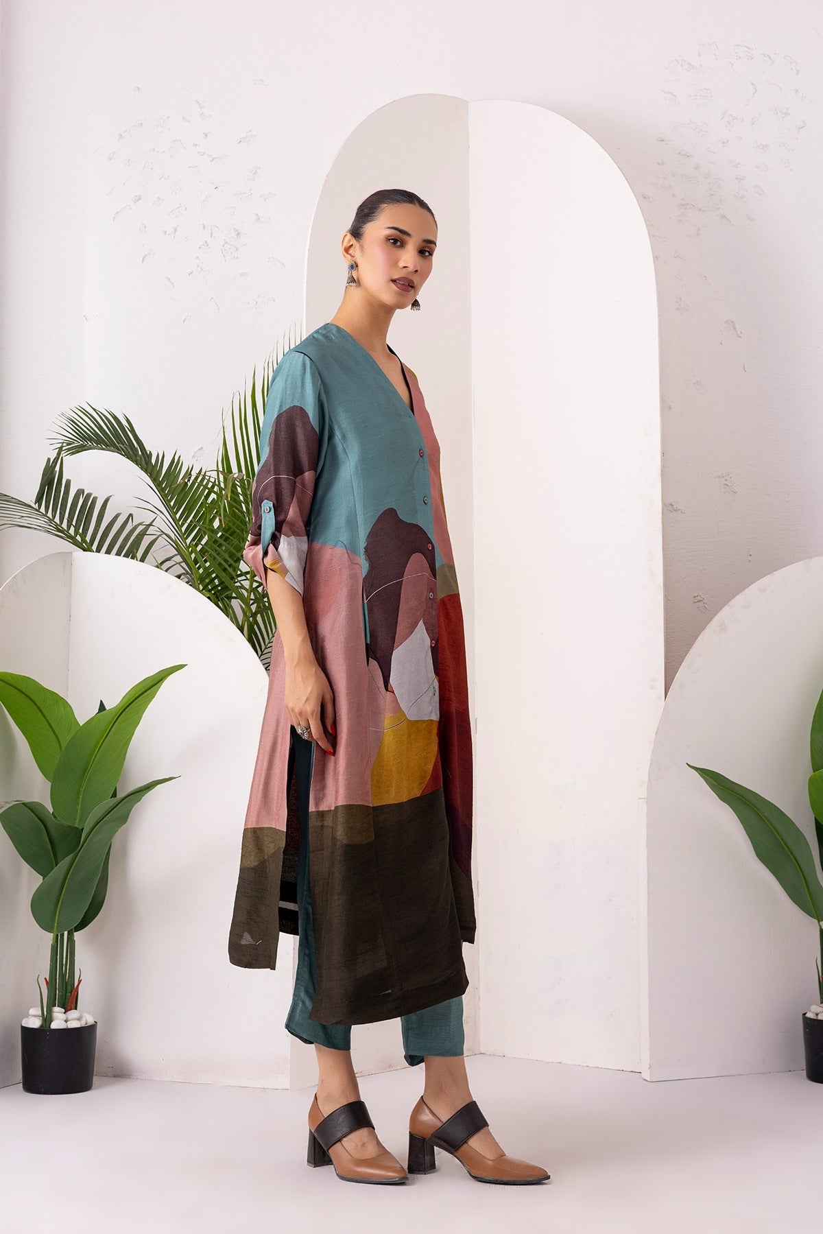 Multicoloured Viscose Dupion Printed Dress Set (2 PCS)