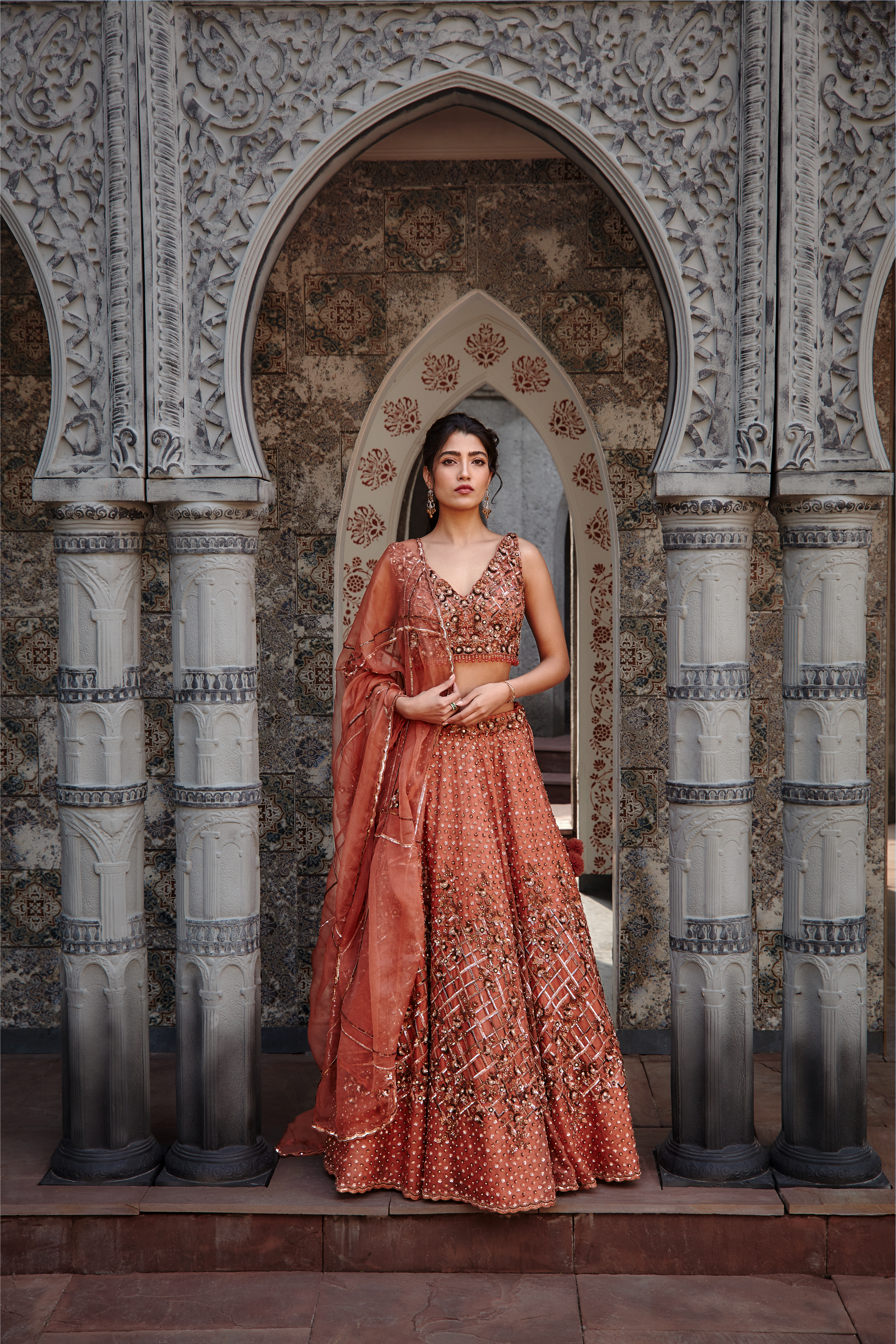 Copper Rust Organza Lehenga Choli Set with Tonal Sequins
