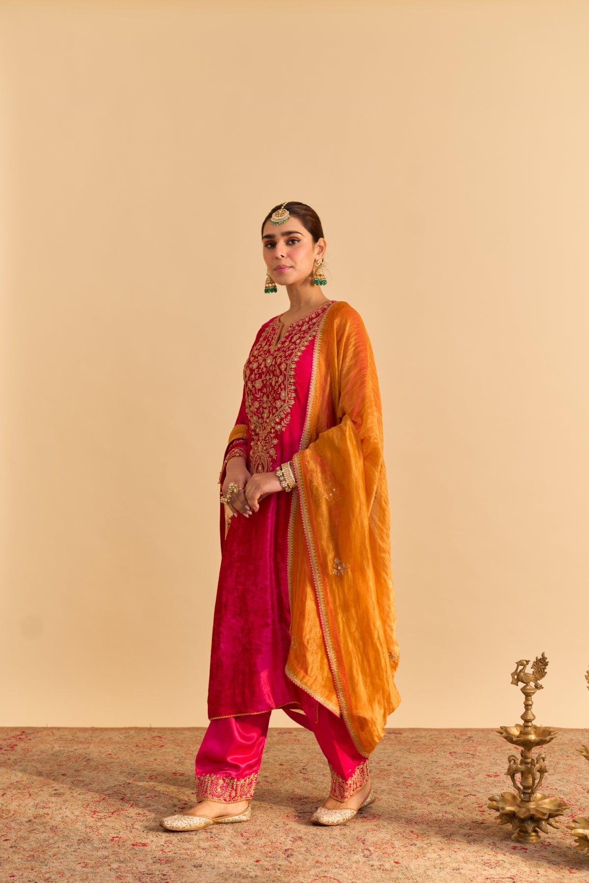 Hot Pink Velvet Kurta Set with Silk Salwar for Festive Weddings