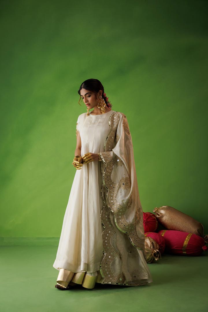 Beige tissue anarkali with scallop dupatta