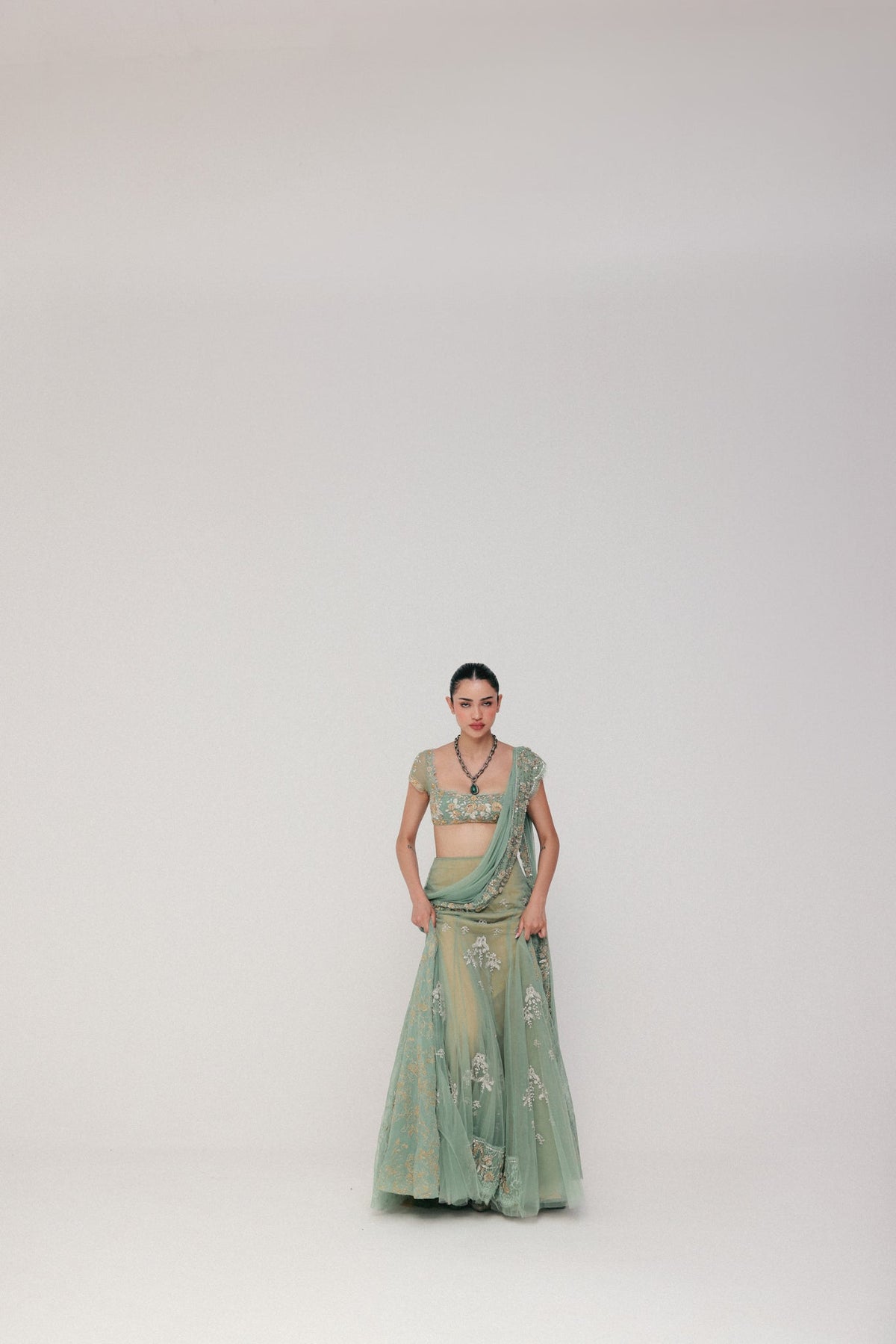 Zardosi & Crystal Embroidery, Soft Tulle & Pure Georgette with Lace, Pre-Stitched Saree Set, Blouse Silhouette
