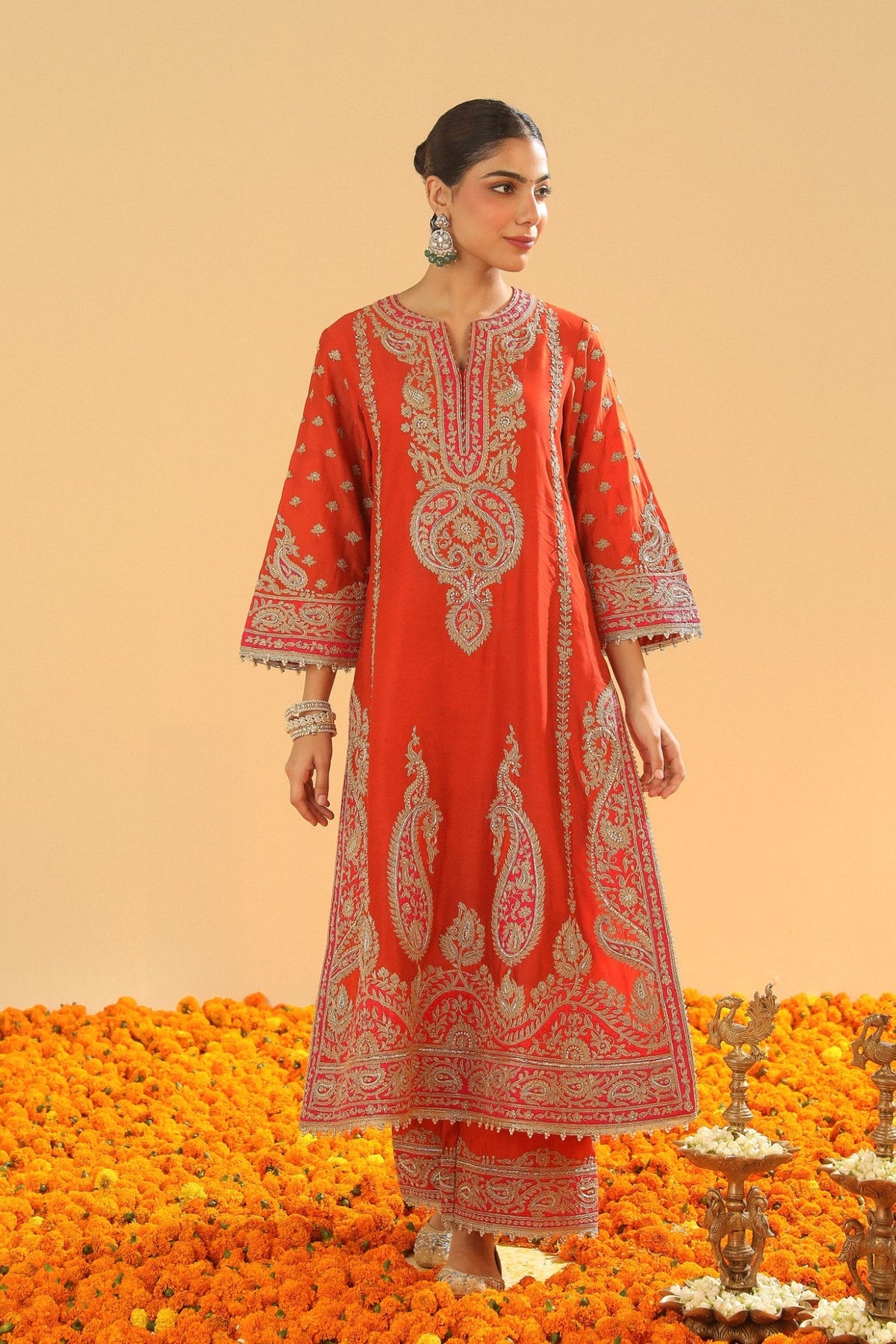 Misam - Burnt Orange Long A-line Kurta with Palazzo and Dupatta