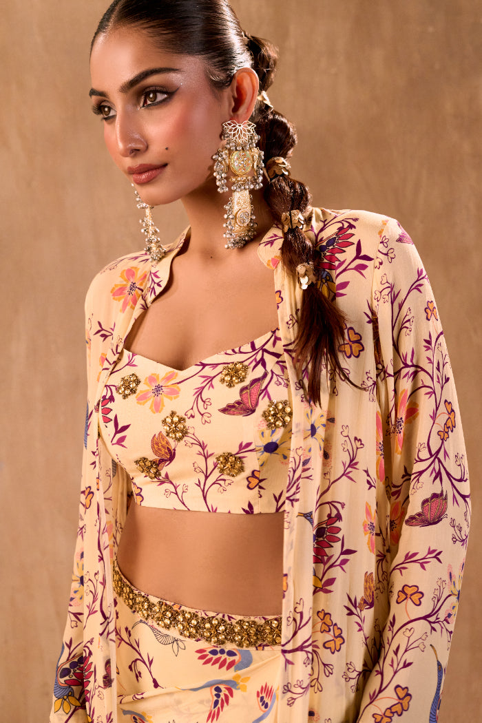 IVORY PRINT EMBROIDERED CHOLI, DRAPED SKIRT AND JACKET SET - image 4