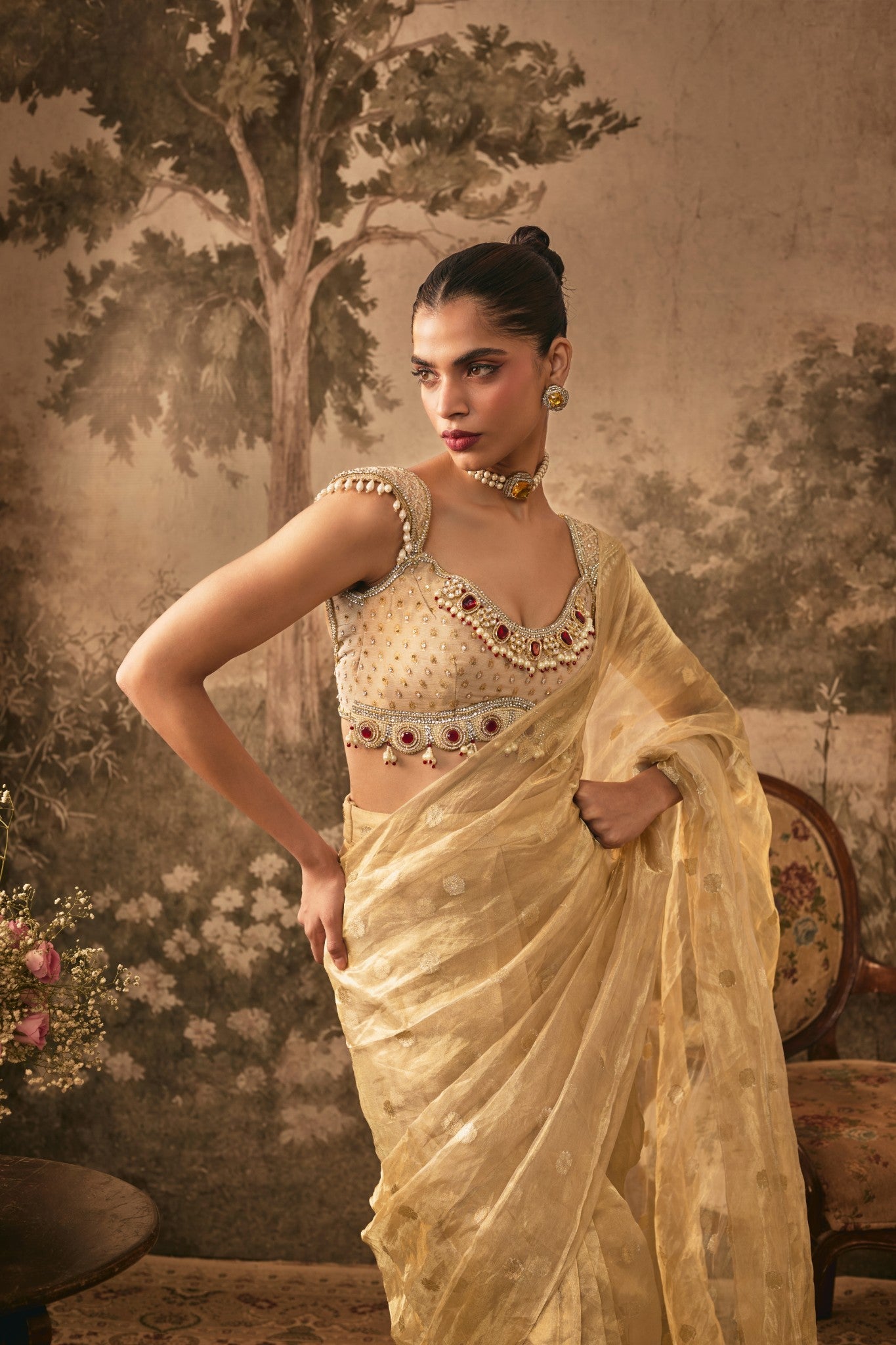 Champagne Gold Tissue silk pre -draped Saree with Embellished Blouse