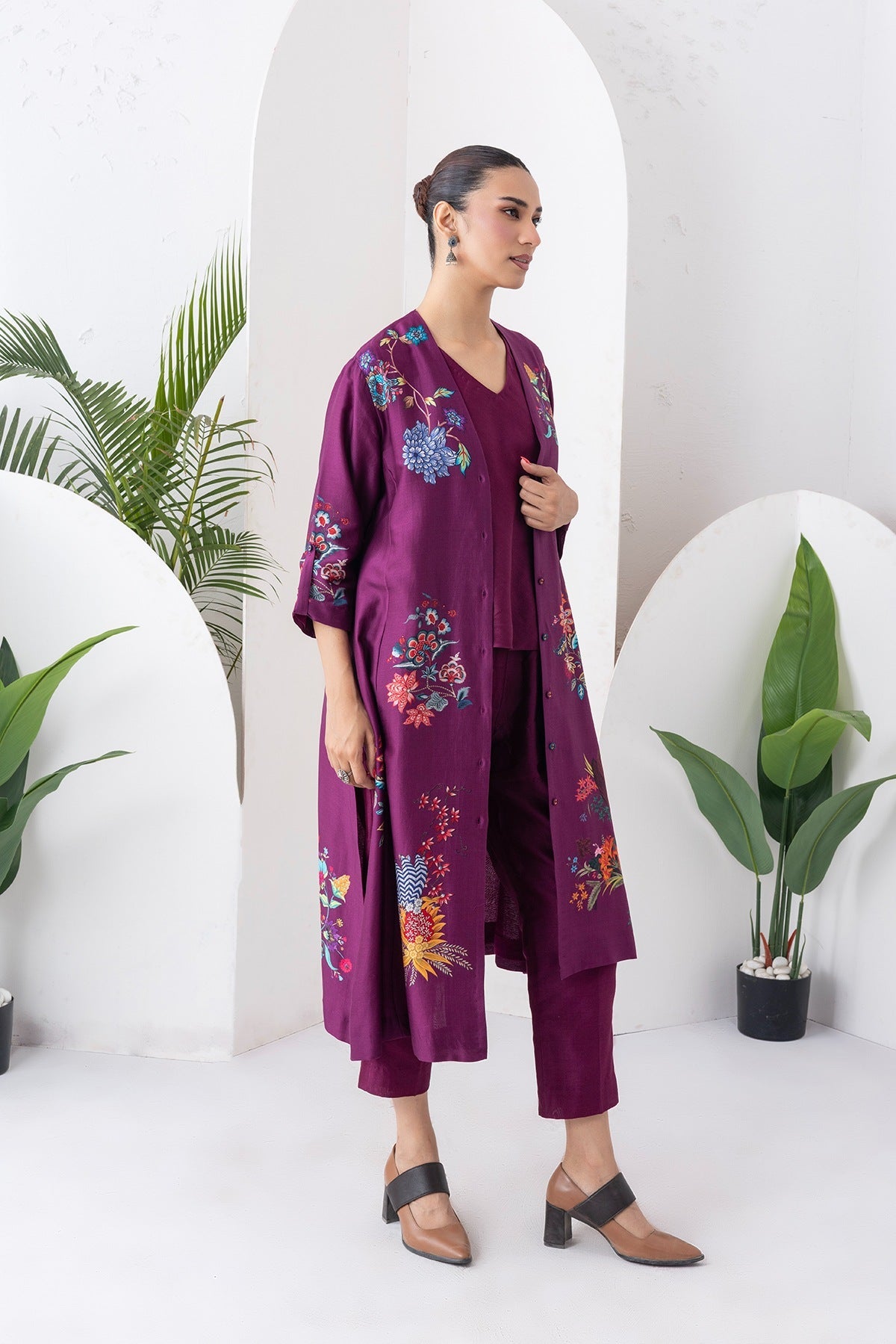 Wine Silk Chanderi Printed High-Low Dress Set (3 PCS)