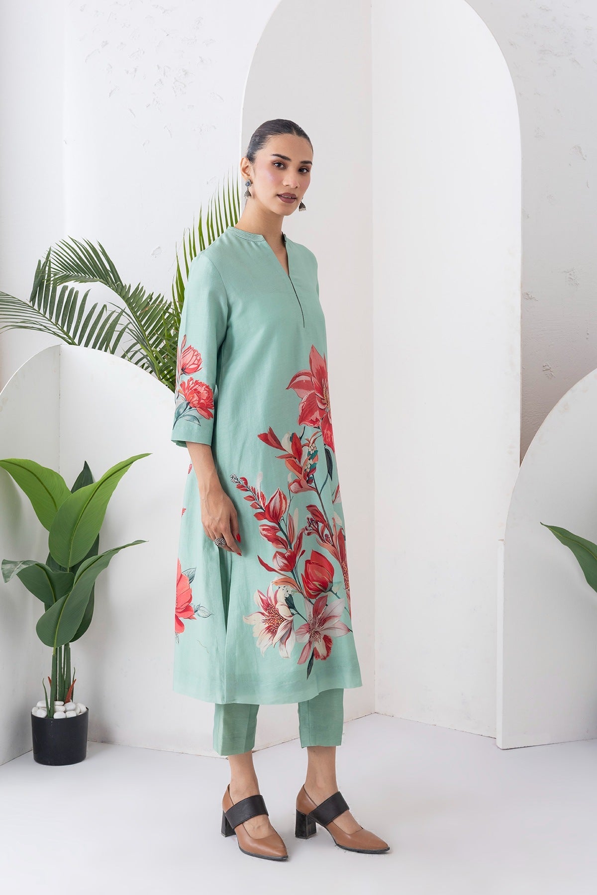 Mint Green Silk Chanderi Bloom-Inspired Printed Tunic Set (2 PCS)