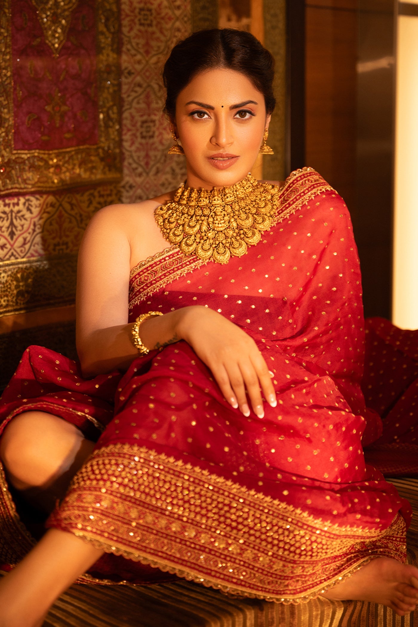 Hand-Embroidered Maroon-Red Pure Silk-Organza Saree-Blouse Set