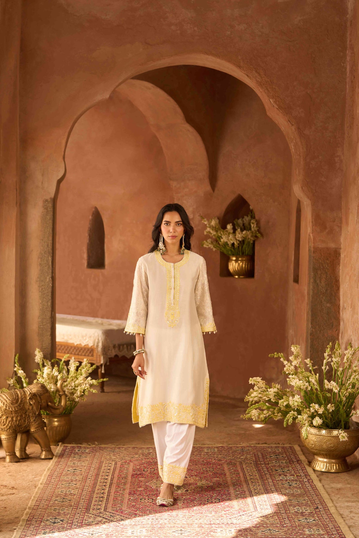 Ivory & Lemon Yellow Silk Chanderi Kurta Salwar Set for Weddings