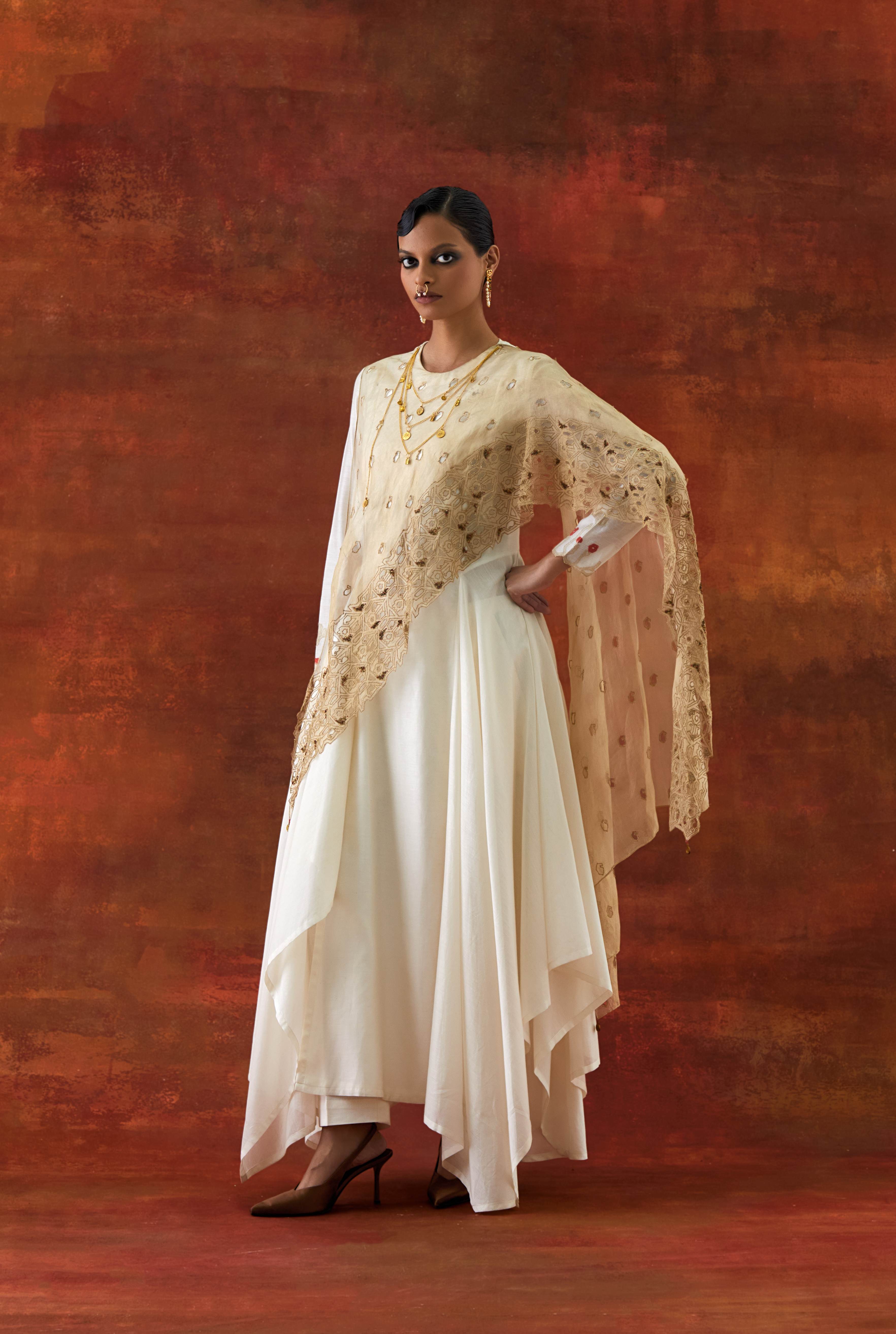 EMB GOLD TISSUE ATTACHED DRAPED KURTA WITH PANTS - image 4