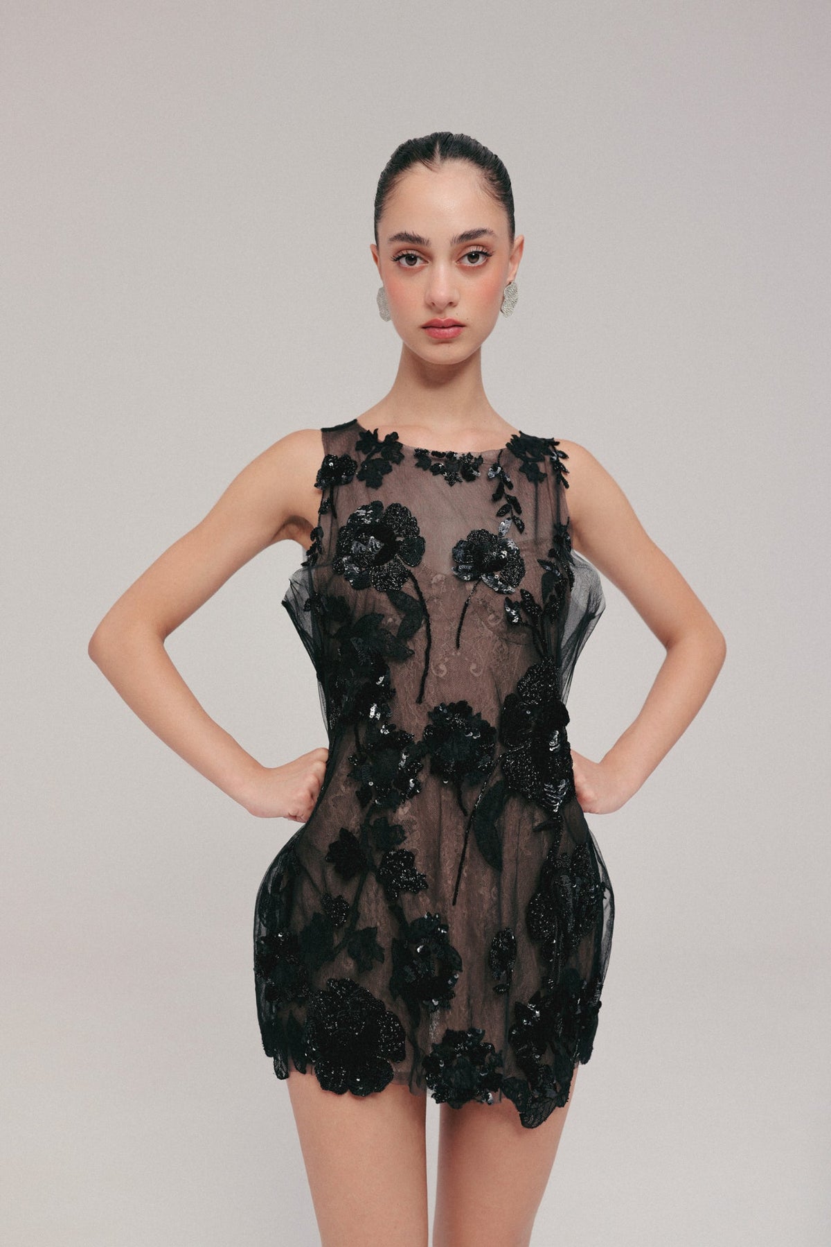 Black, Persian Embroidery, Tulle & French Lace, Shift Dress, Negligee Silhouette