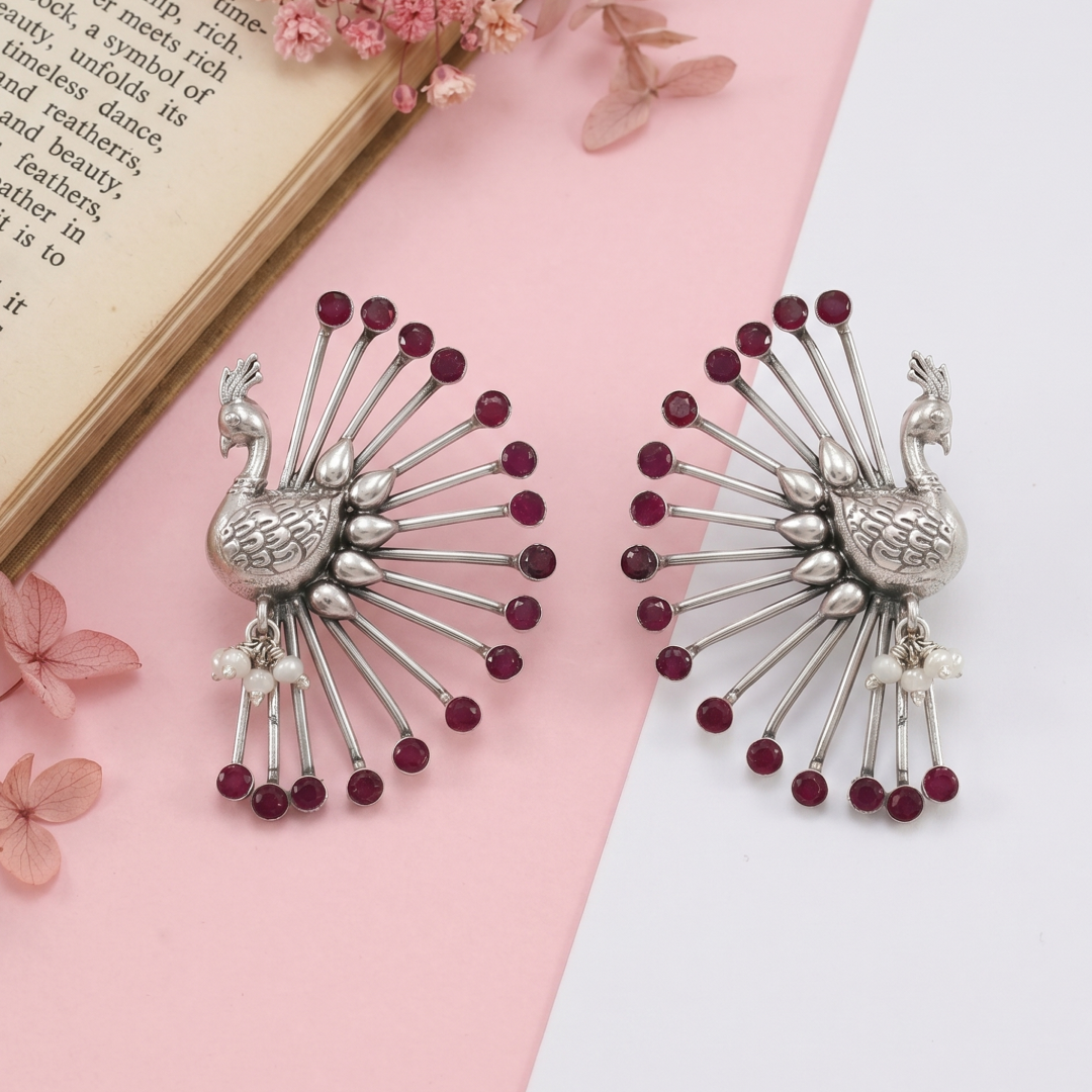 Sangeeta Boochra Statement Silver Peacock Earrings
