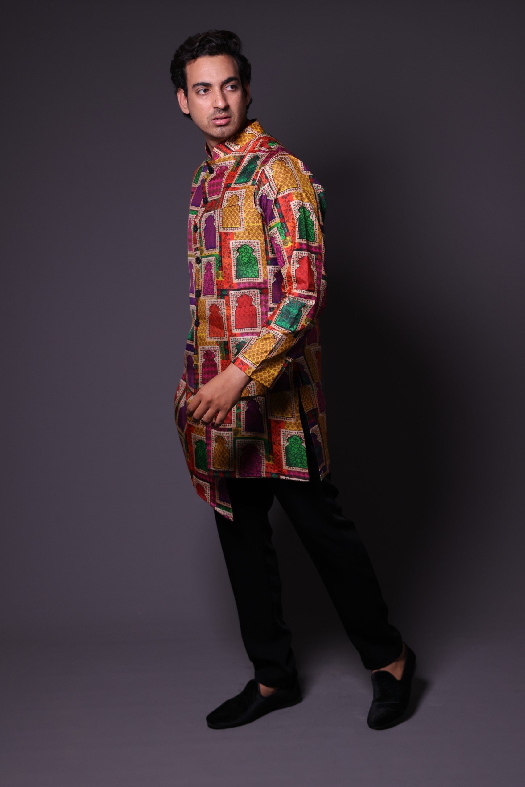 Nehru Jacket with asymmetrical
 kurta and pant