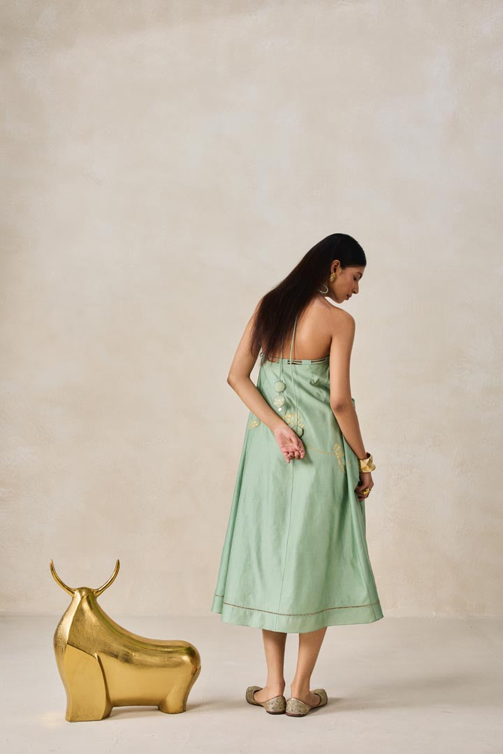 Elegant Sage Green Midi Dress in Flowy Chanderi Fabric