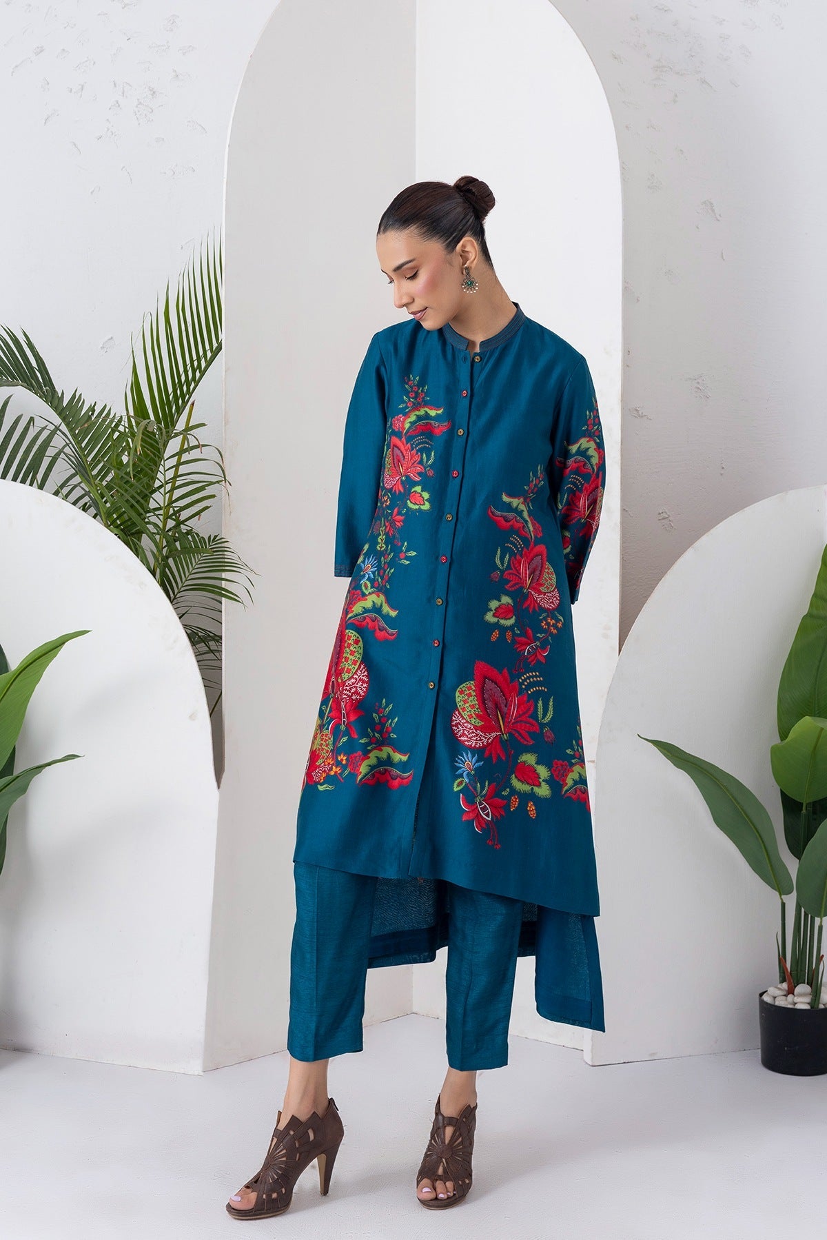 Indigo Silk Chanderi Printed Front Open Floral High-Low Dress Set (3 PCS)