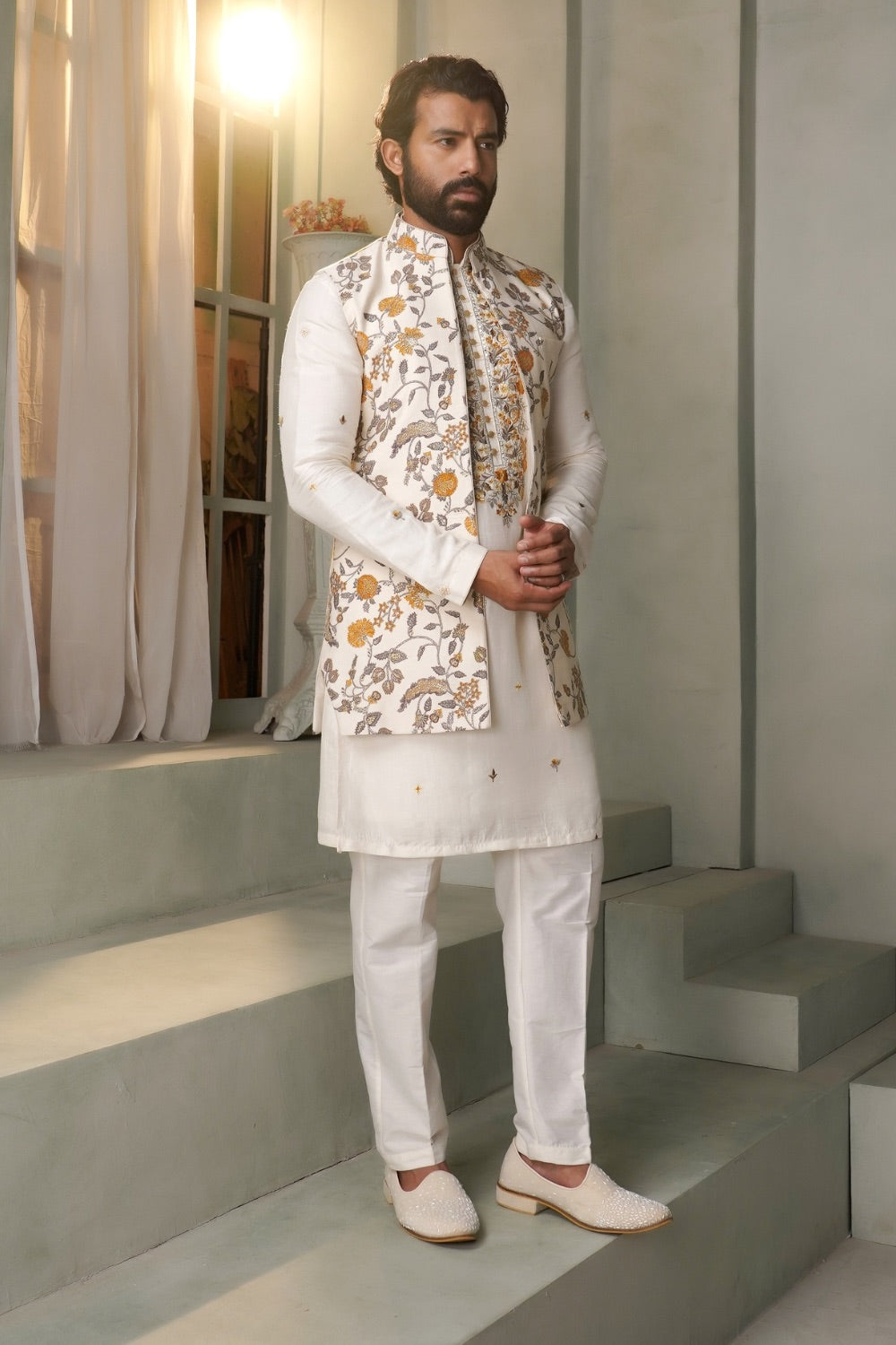 Cream white silk koti kurta set with floral print