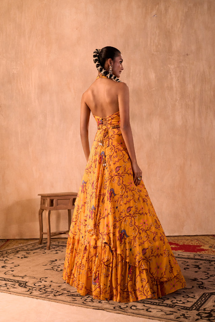 YELLOW PRINT EMBROIDERED HALTER CHOLI AND LAYERED LEHENGA SKIRT SET - image 4