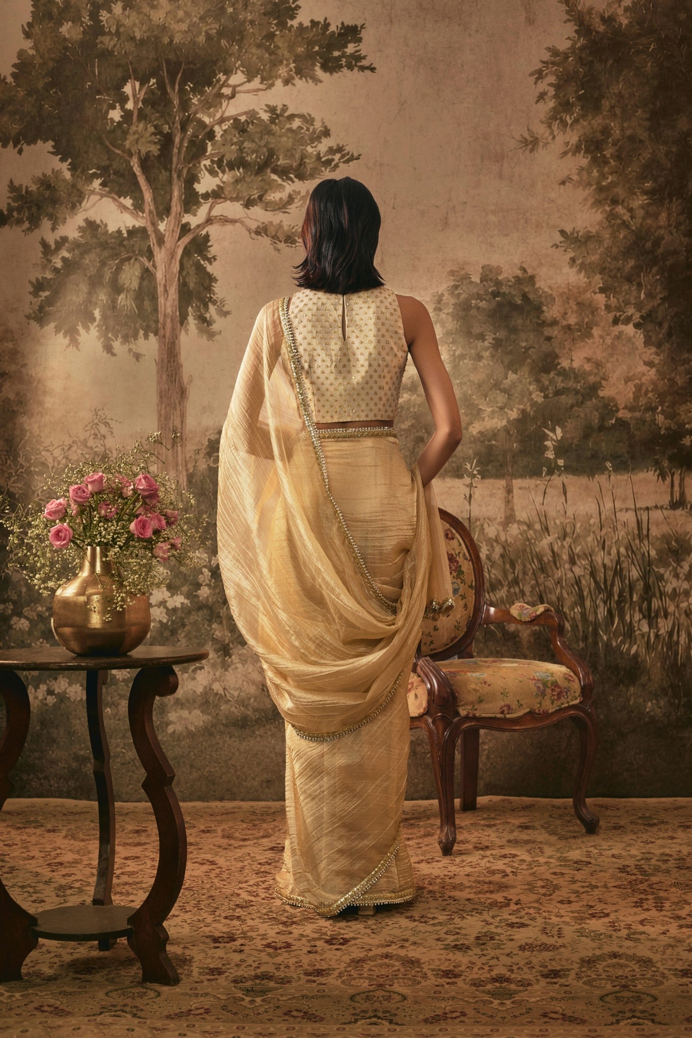 Champagne Gold Metallic pre-pleated Tissue Saree Set