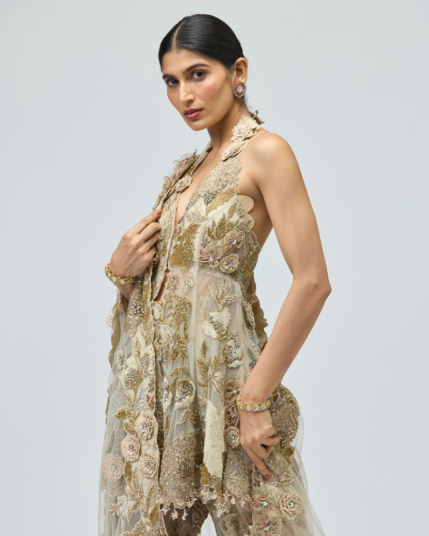 Gold Patchwork Sharara Set in Beige with 3D Floral Detailing