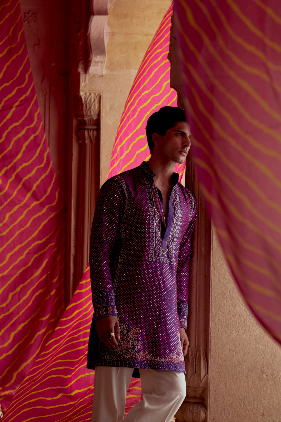 Purple printed bandhej kurta set
