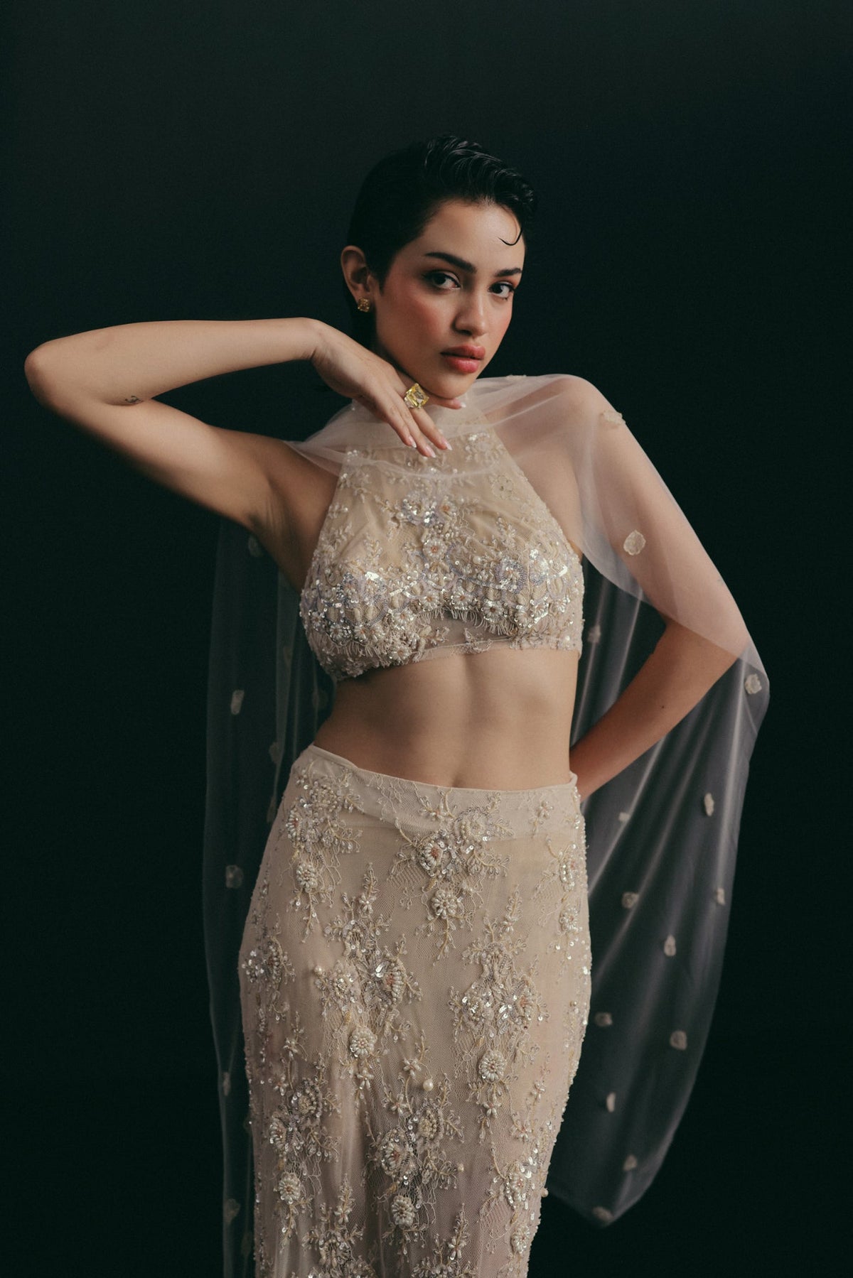 Oyster, Bugle Bead Embroidery, Vintage Lace & Tulle, Crop Skirt Set, Tea-Length Silhouette