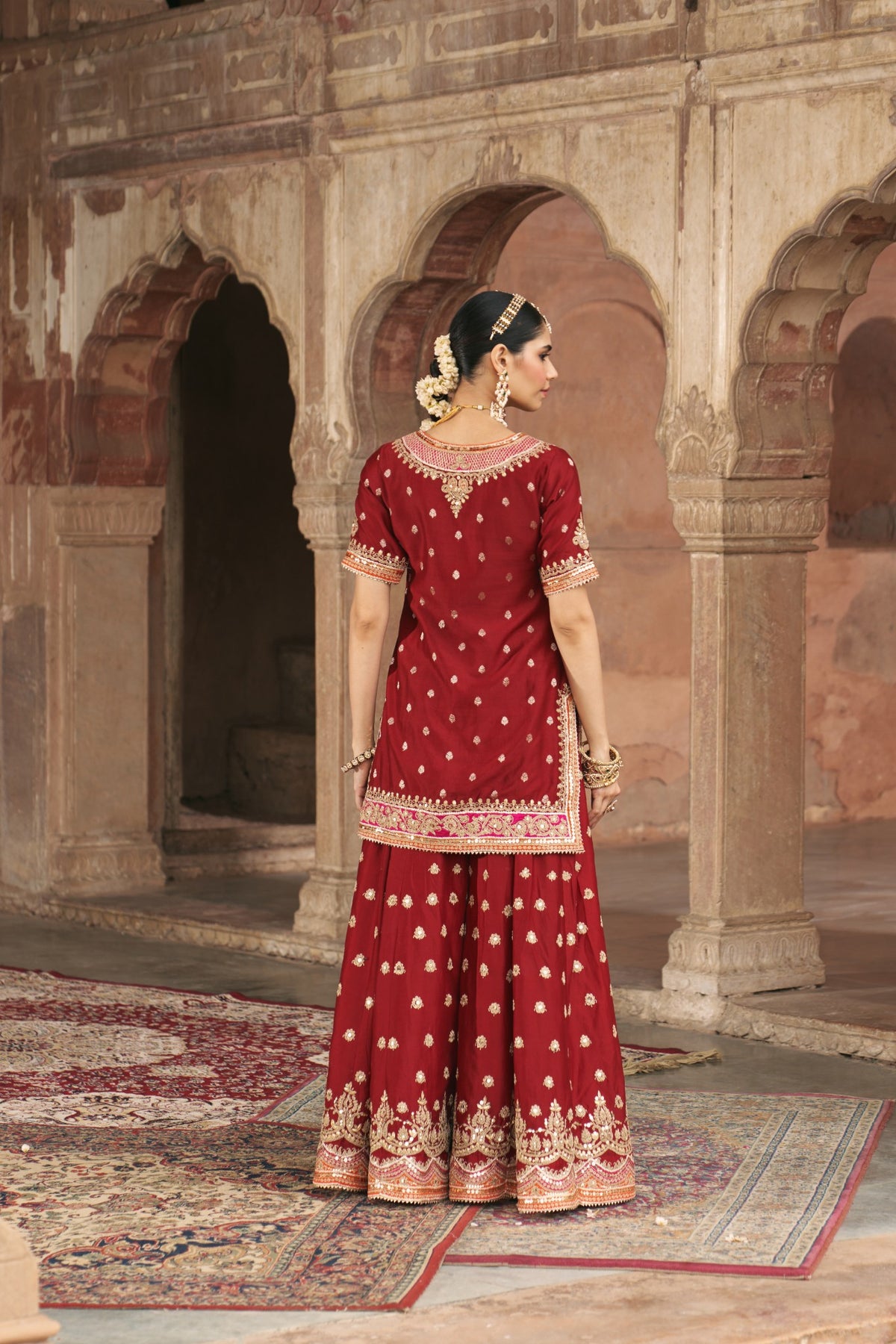 Deep Red Banarasi Short Kurta and Sharara Set with Dupatta