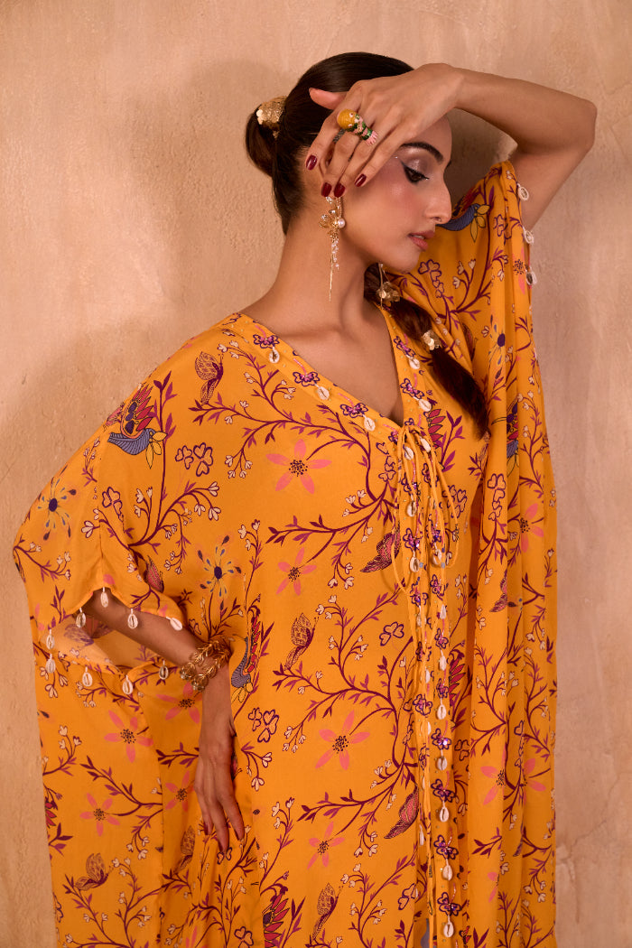 YELLOW PRINT EMBROIDERED LONG KAFTAN WITH PANTS SET - image 4