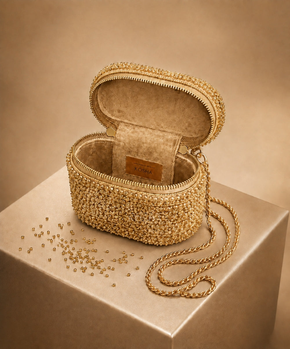 Ziya Gold Suede Embroidered Vanity Bag