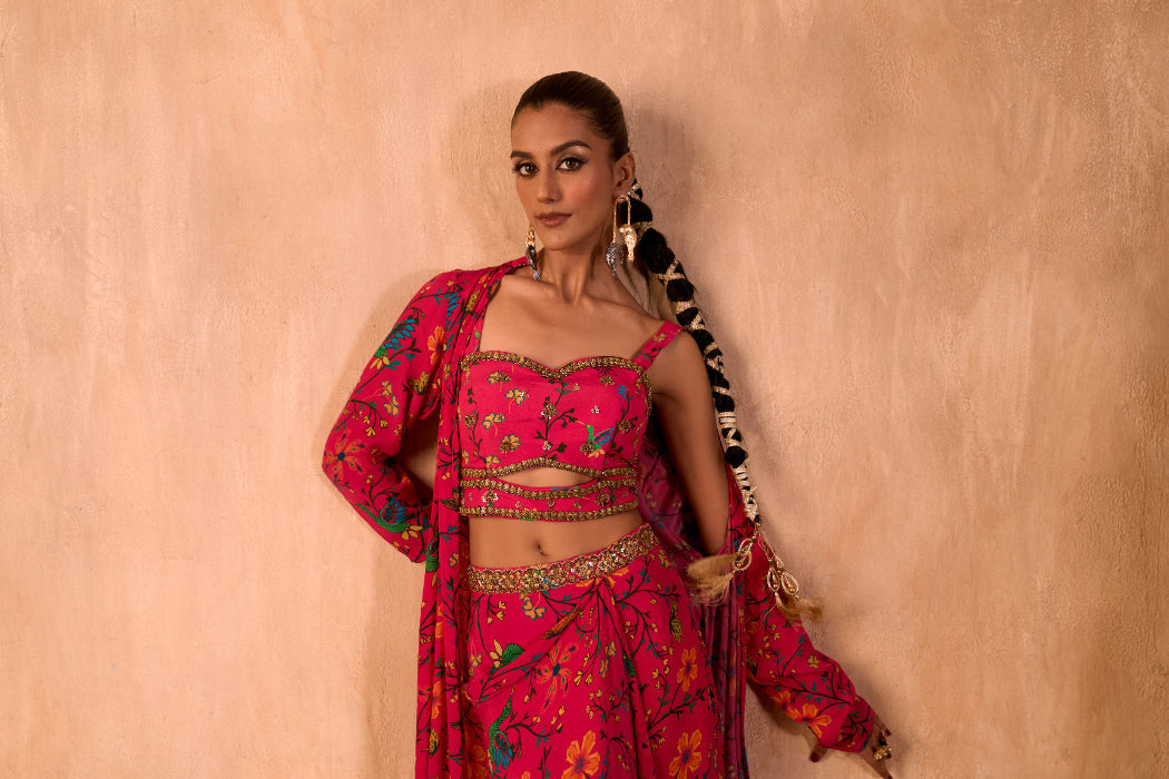 PINK PRINT EMBROIDERED CHOLI, DRAPED SKIRT AND JACKET SET - image 4