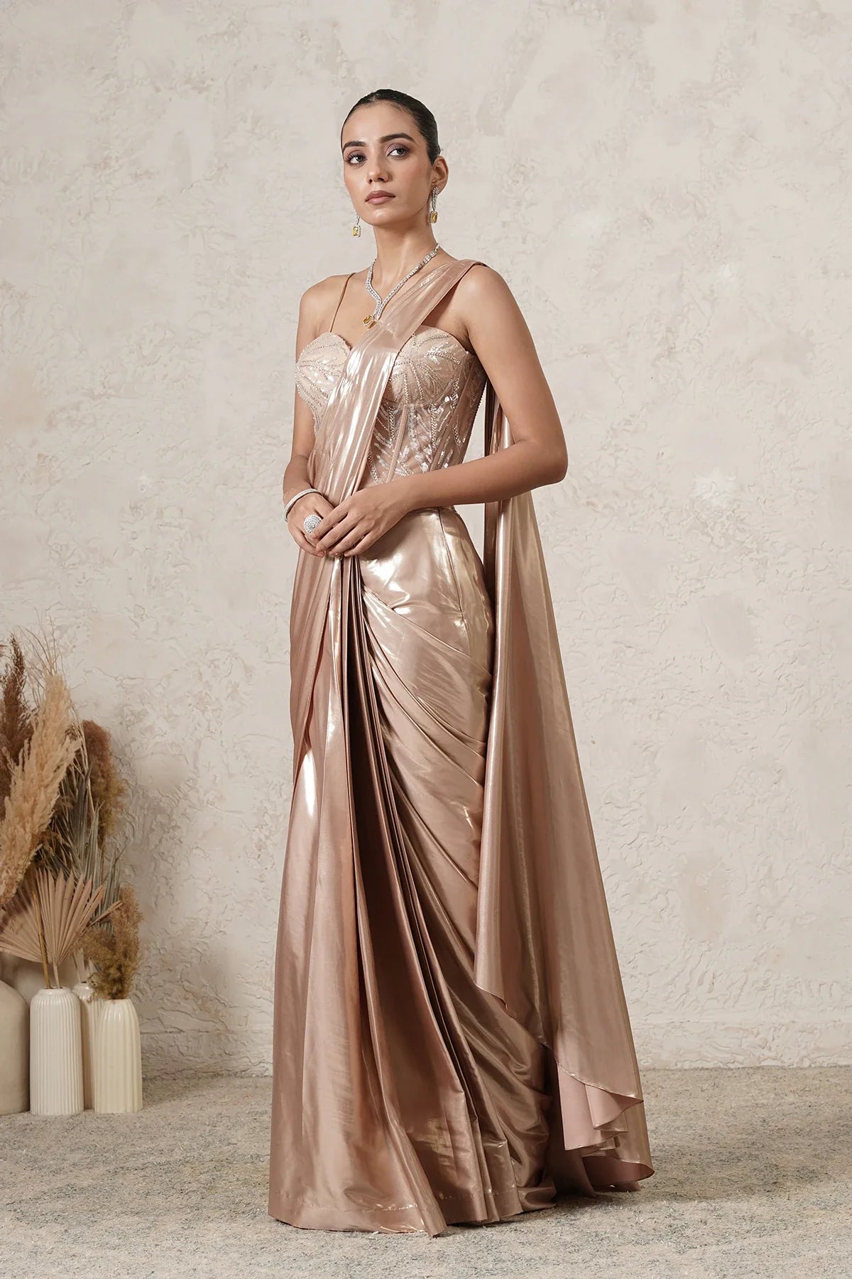 Sunehri Pre-Draped Saree with Hand-Embroidered Corset Blouse | Beige Gold | Women | THETAA