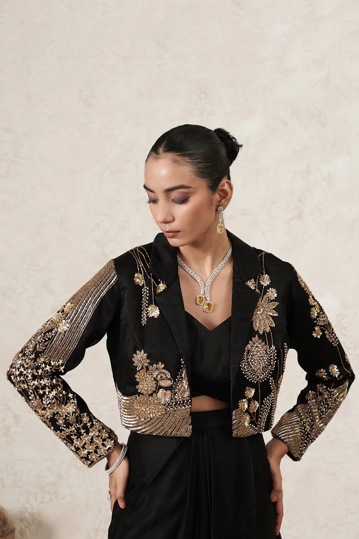 Raat Dhoti Saree Set with Hand-Embroidered Cropped Jacket | Black & Antique Gold | Women | THETAA