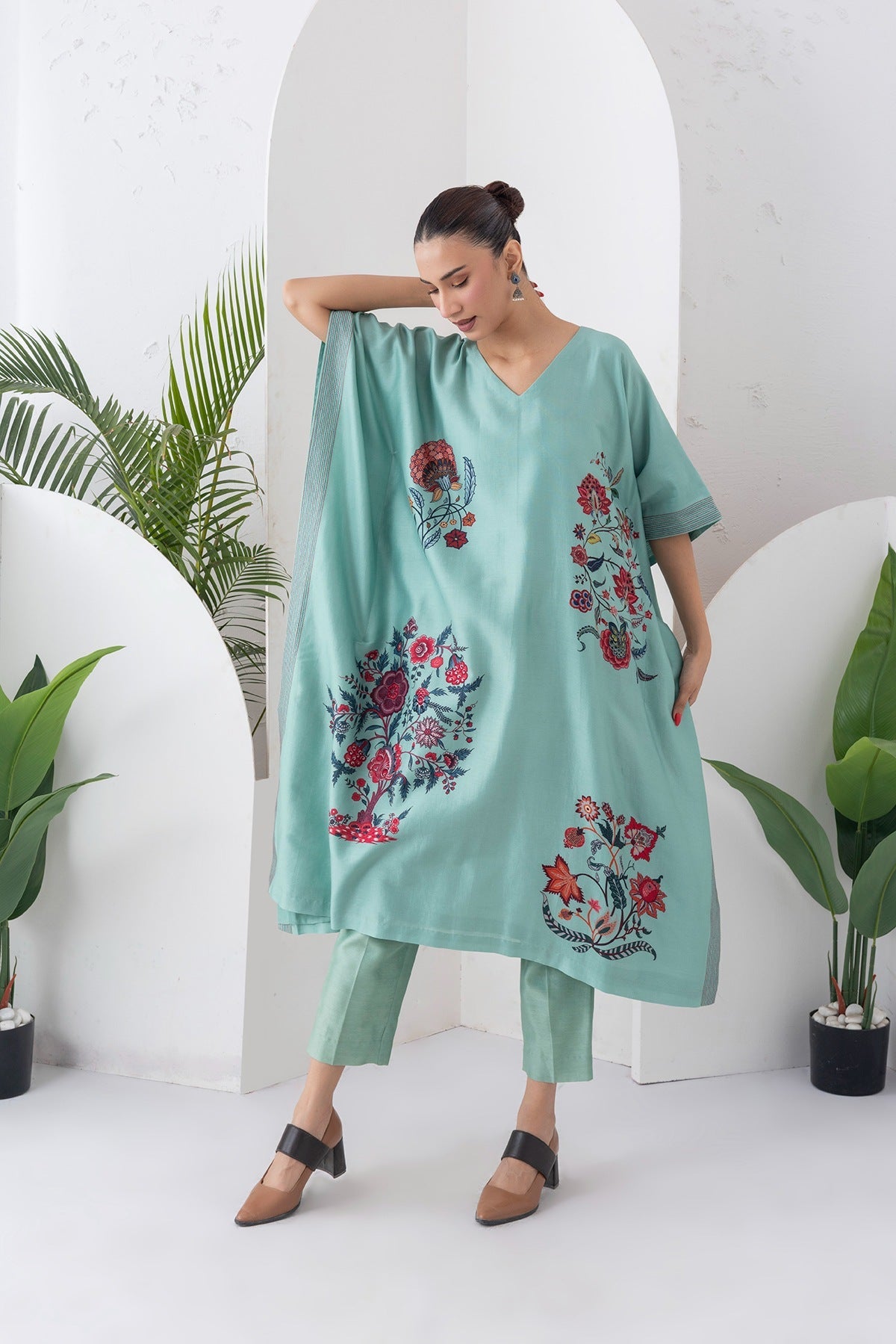 Mint Silk Chanderi Chintz Printed Kaftan Set (2 PCS)