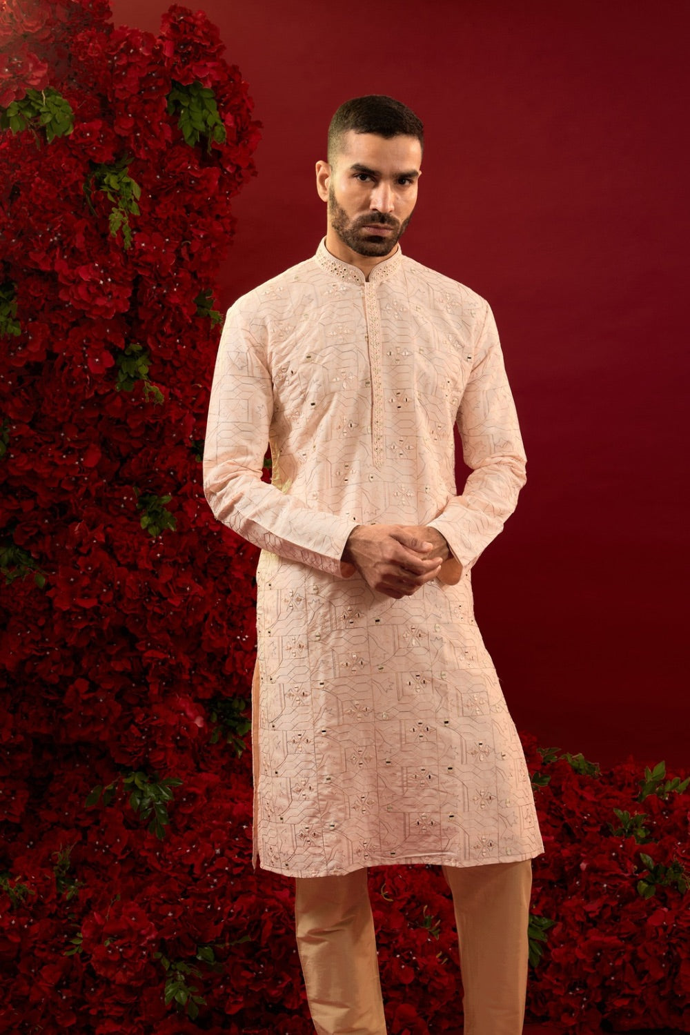 Baby pink silk kurta pajama with hand and machine work