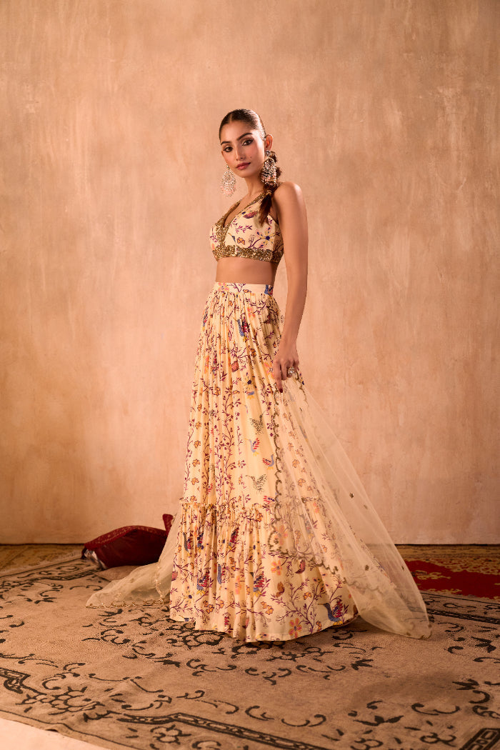 IVORY PRINT EMBROIDERED CHOLI, LAYERED LEHENGA AND DUPATTA SET - image 4