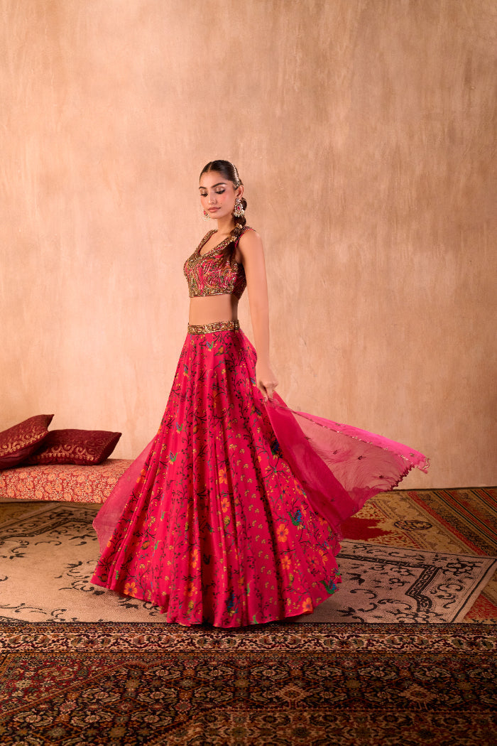 PINK PRINT EMBROIDERED CHOLI, LEHENGA AND DUPATTA SET - image 4