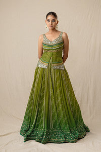 Green ombre printed bandhej lehenga set