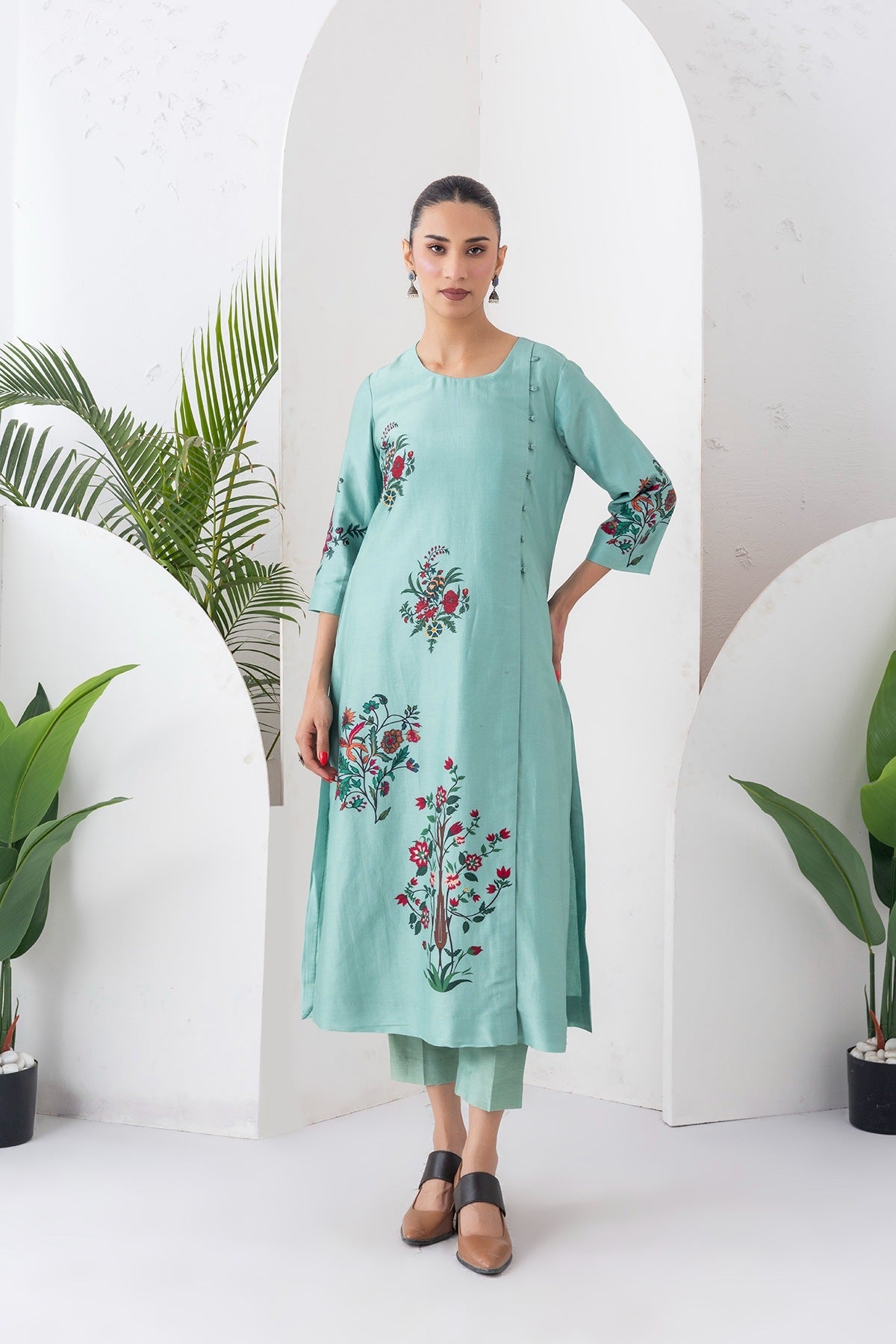 Mint Silk Chanderi Floral Boota Printed Dress Set (2 PCS)