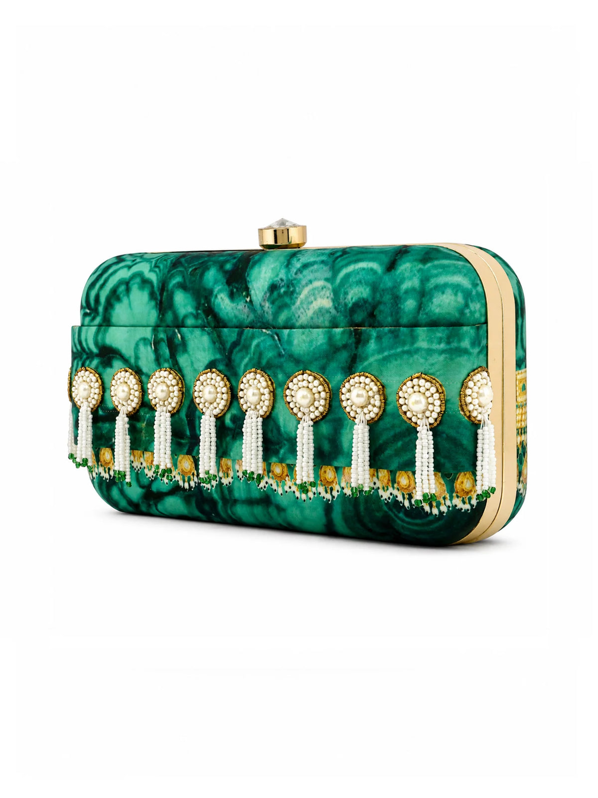 Green Jade Print Clutch Bag with Pearl Tassel Embellishment