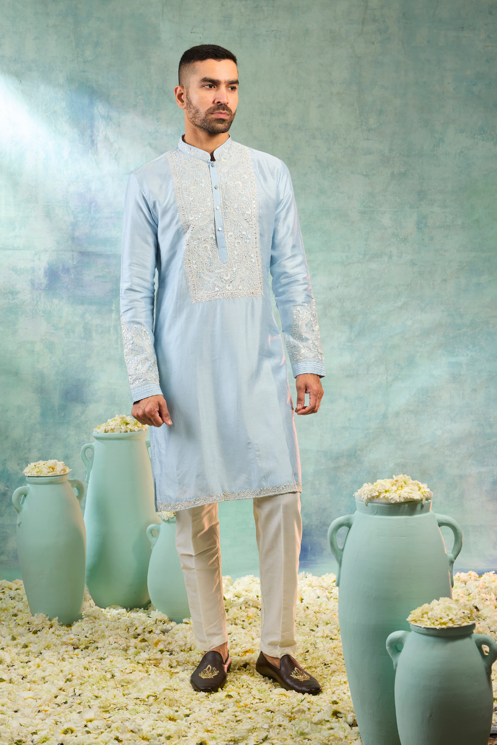Baby blue silk kurta and pearl white koti with mirror embroidery and thread work
