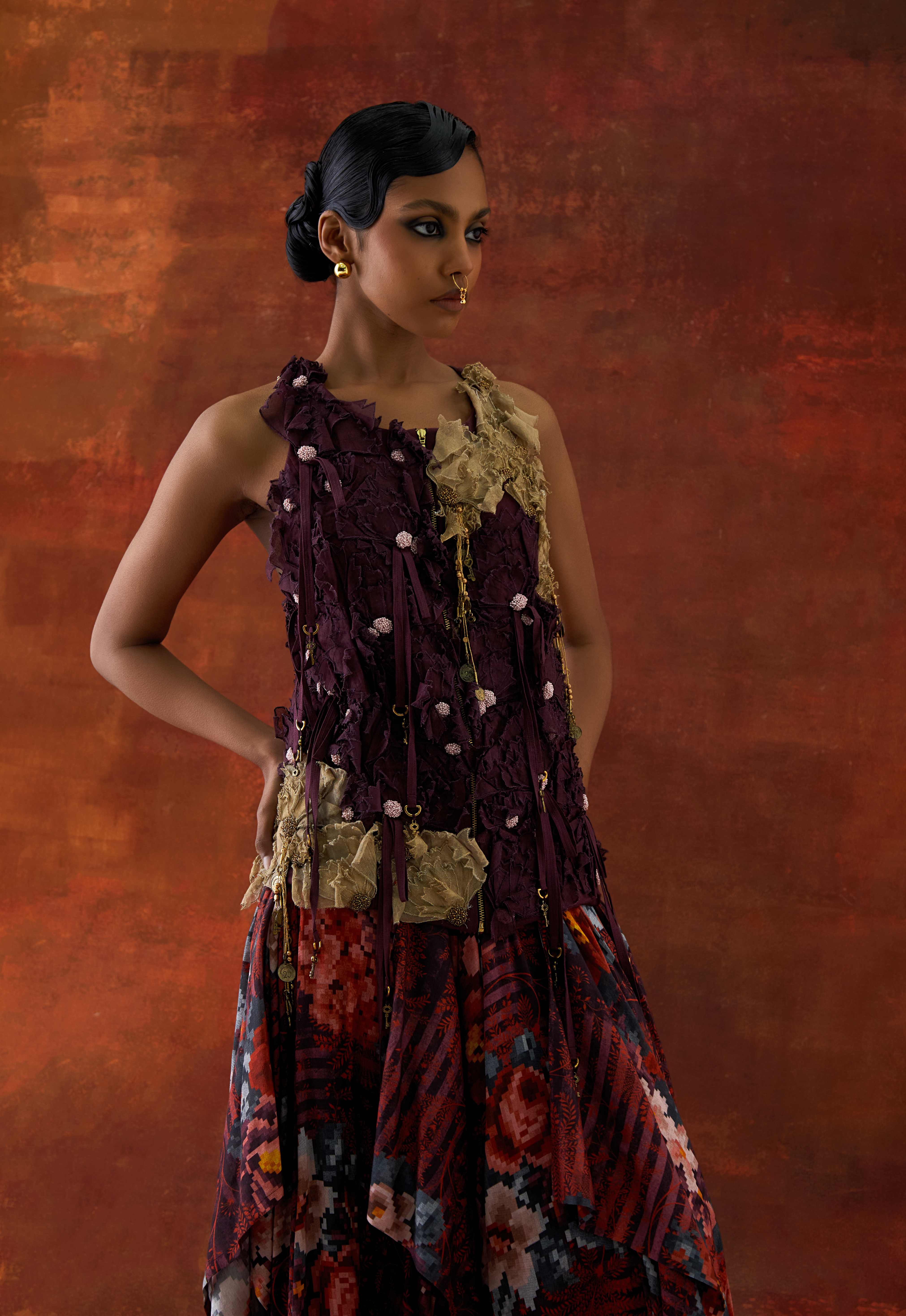 3D FLOWER RACER BACK JACKET + CASCADE SHIRT WITH PRINTED DRAPED SKIRT - image 4