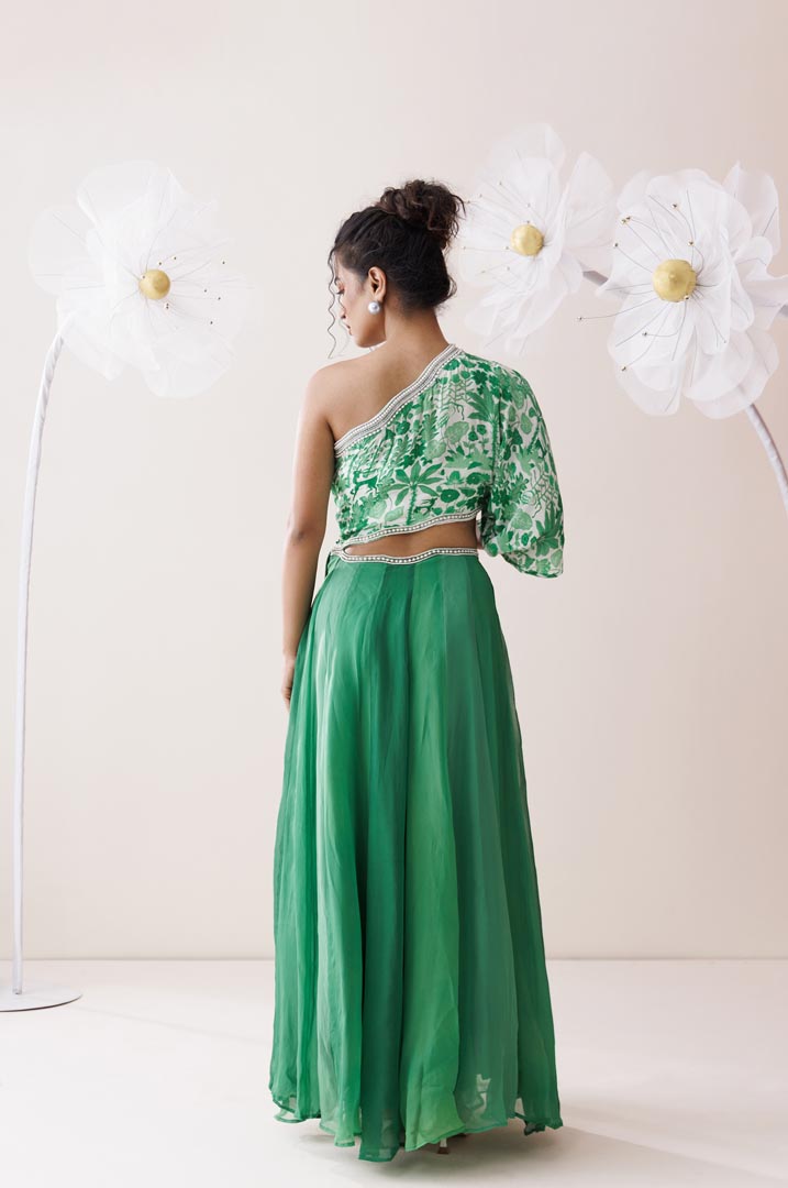 Verde ombre one-shoulder dress