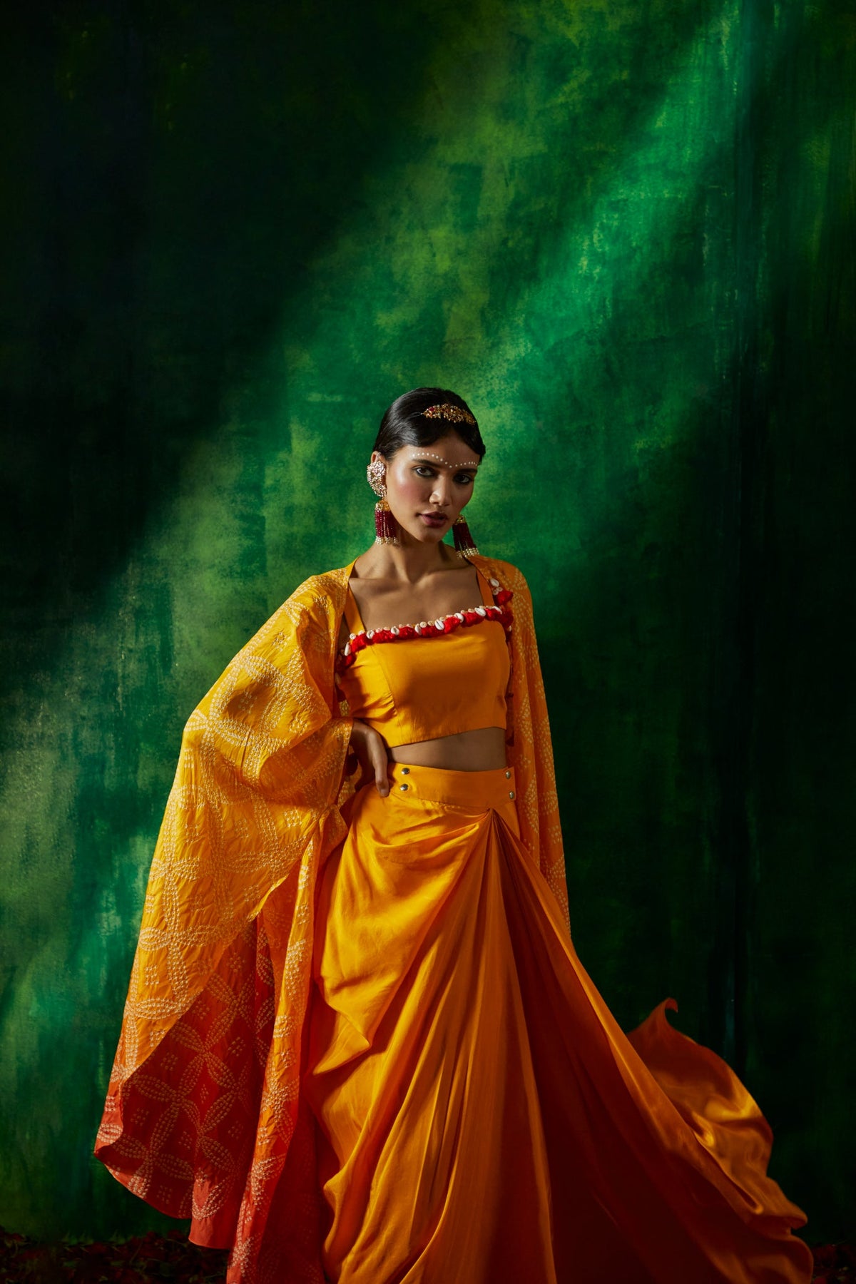Bandhni cape set with drape skirt
