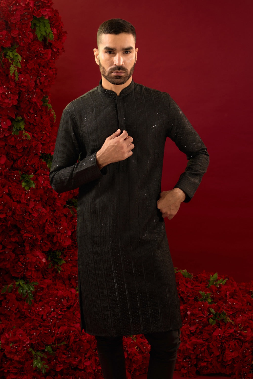 Black silk kurta set with hand and machine work