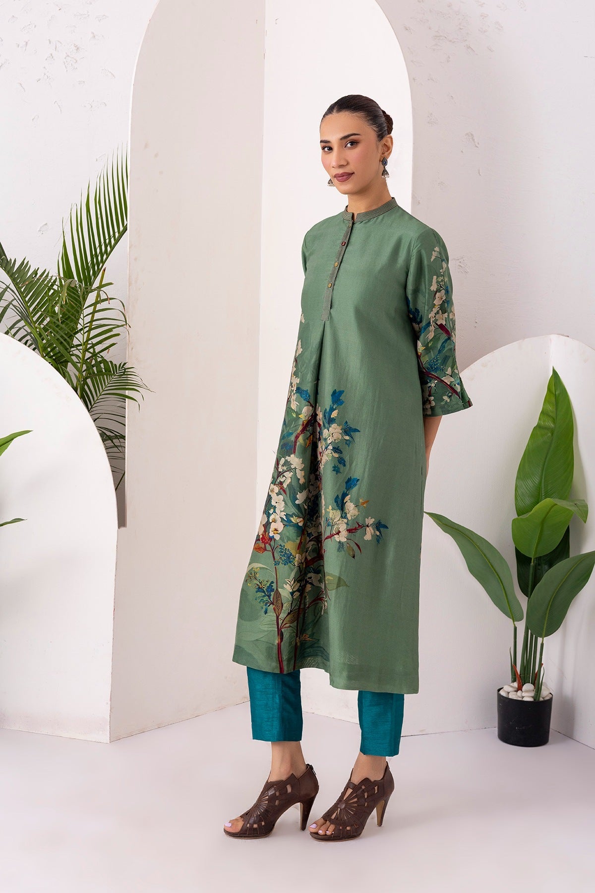 Sage Green Silk Chanderi Printed Front Pleat Tunic Set (2 PCS)