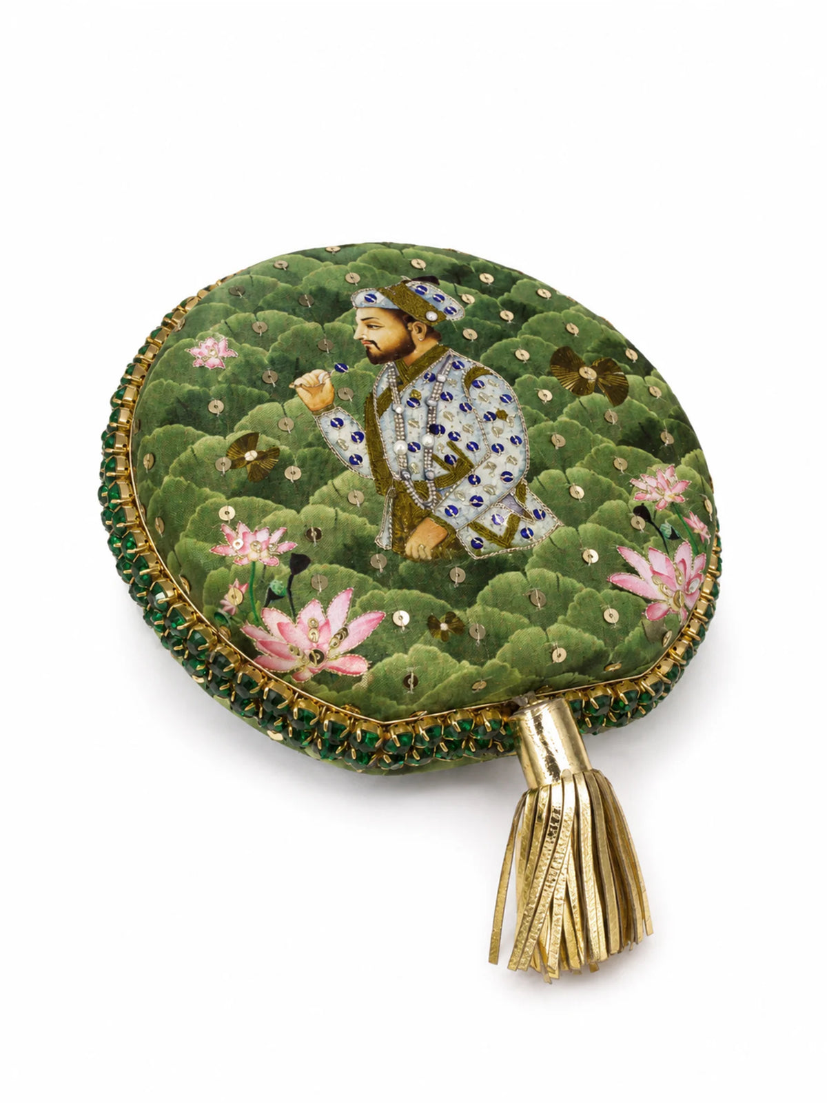 Green Lotus Print Round Clutch Bag with Shehzada Portrait & Tassel