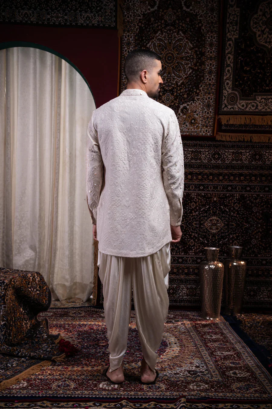 Ivory Pearl Embroidered Linen Silk Kurta