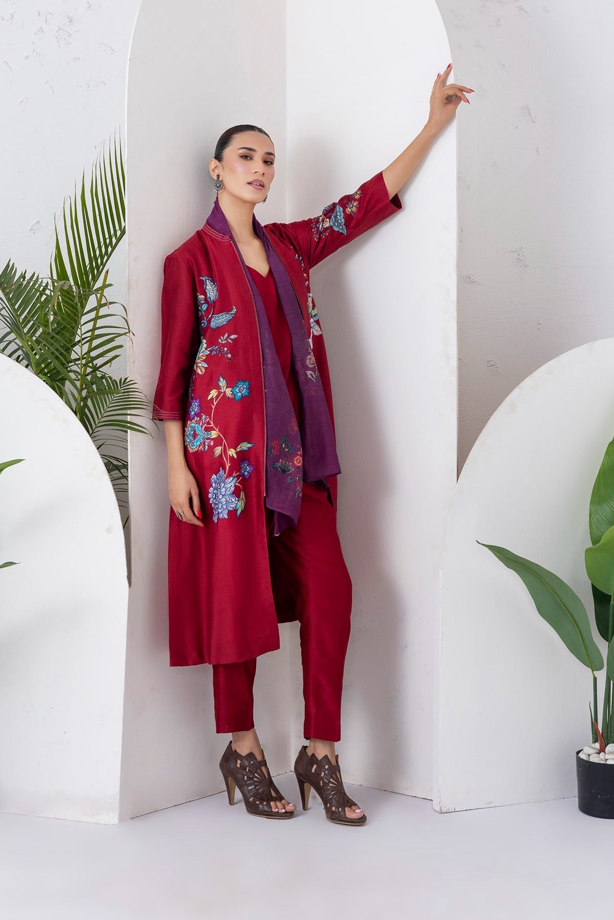 Maroon Silk Chanderi Floral Printed Front Open Dress Set (3 PCS)