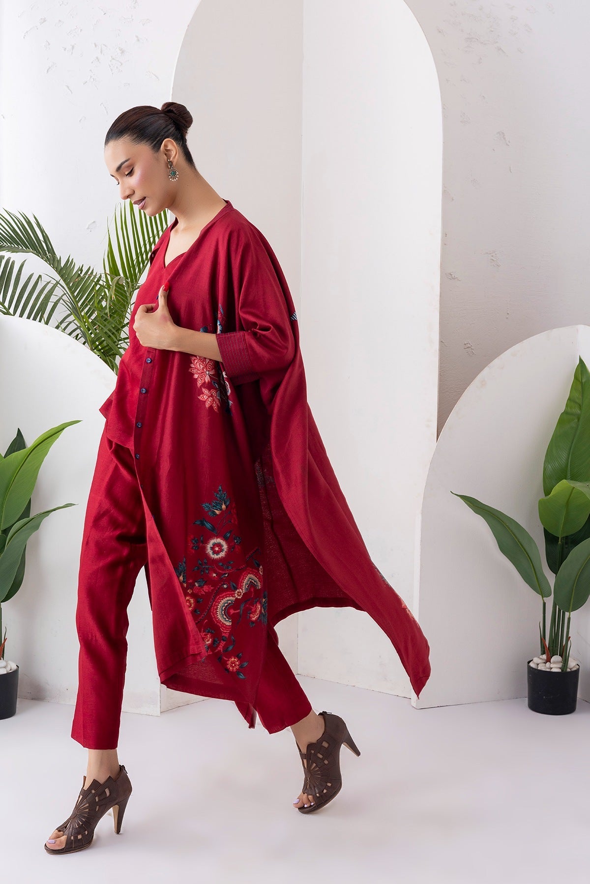Maroon Silk Chanderi Printed Kaftan Style Dress Set (3 PCS)