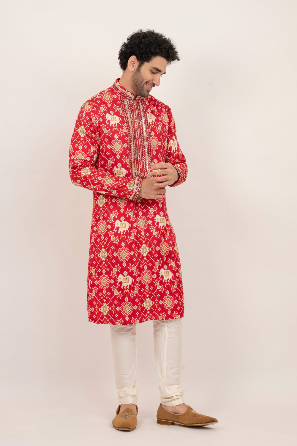 Bright red resham embroidered satin linen kurta set with kasab and mirror work