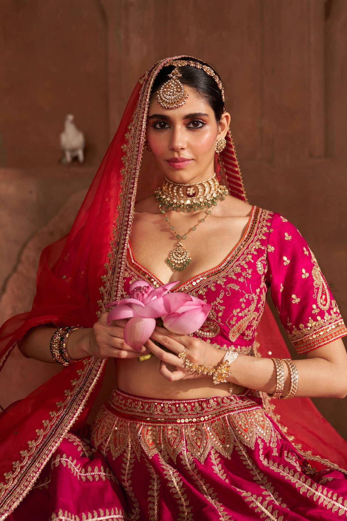 Hot Pink Raw Silk Lehenga with Kashmiri Tilla & Gota Work