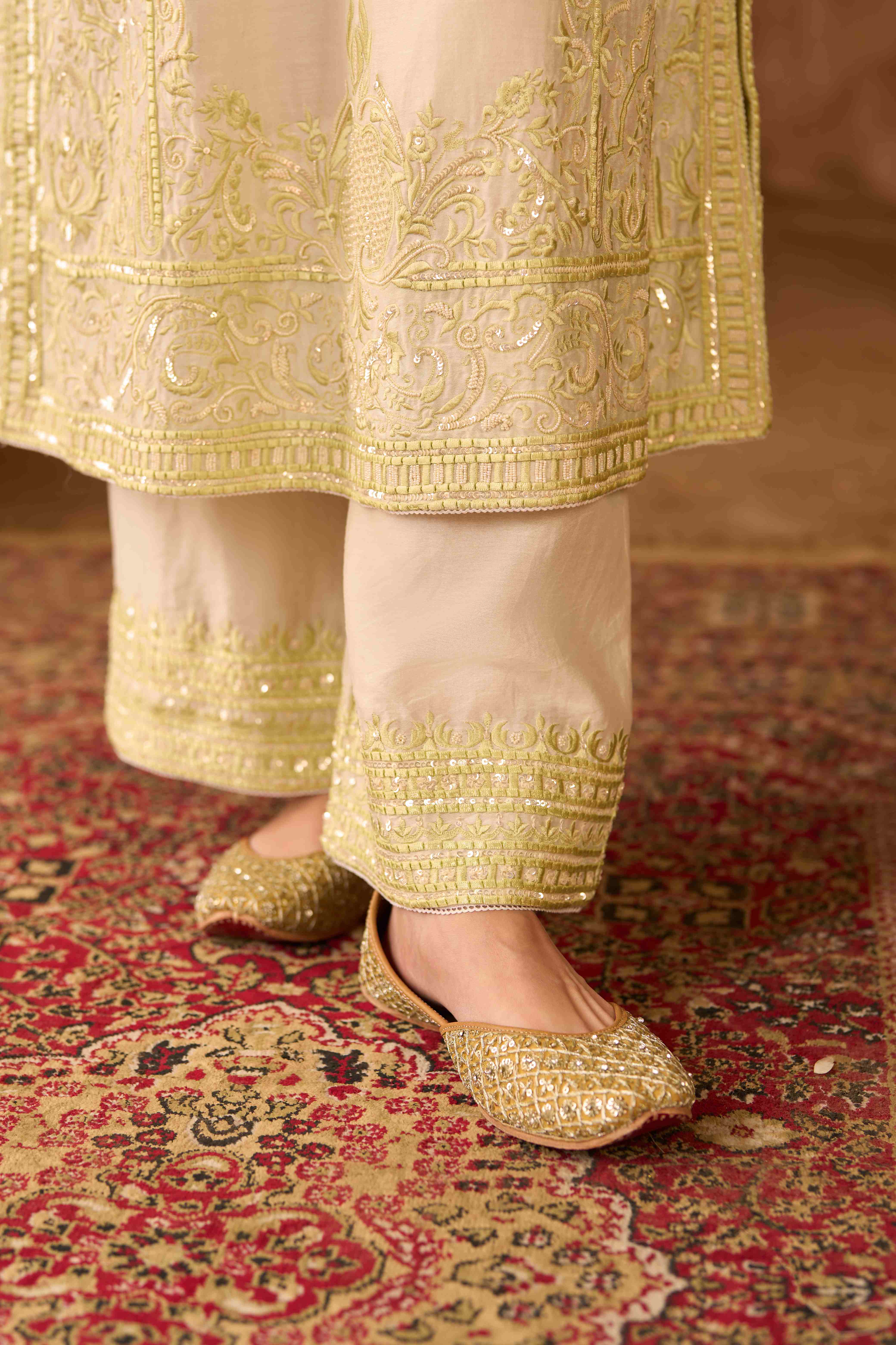 ENA - DAISY IVORY WITH MINT GREEN LONG A-LINE KURTA WITH PALAZZO AND DUPATTA